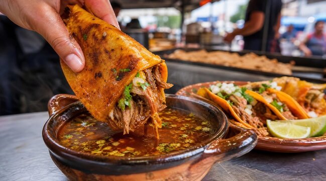Mexican Birria Taco Dipped into Consome at a Street Market
