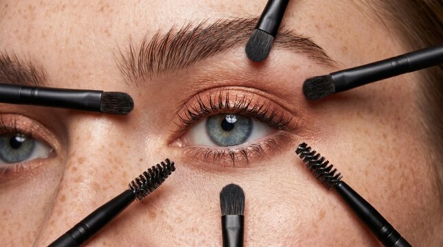 A close-up beauty shot of a woman's face surrounded by multiple mascara wands pointing toward her eyes. She has blue-grey eyes, freckled fair skin, and a natural makeup look with warm-toned eyeshadow.