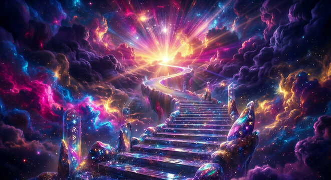 Vibrant celestial staircase to heaven surrounded by glowing magical fantasy nebula clouds and stars symbolizing a spiritual journey