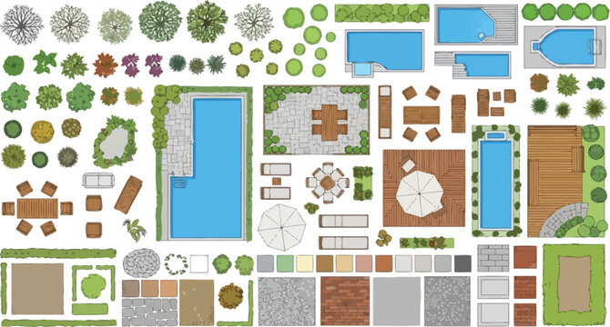 Landscape design elements kit with trees pools and outdoor furniture for garden planning and architectural site mapping vector illustration