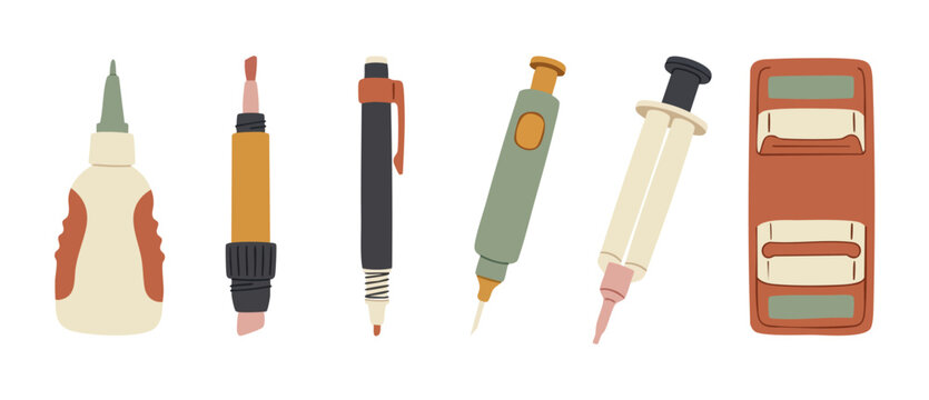 Stationery supplies collection isolated set, glue bottle, felt tip markers, technical pens and plastic office tools for school, drawing, craft projects or creative desk work, flat vector illustration