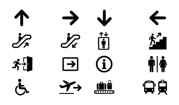 Directional signage icons set arrows escalator elevator monochrome vector illustration