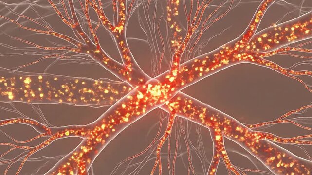 Dynamic Microscopic View of Skin's Microcirculation Showcasing Glowing Blood Vessels and Illuminated Particles in 4K