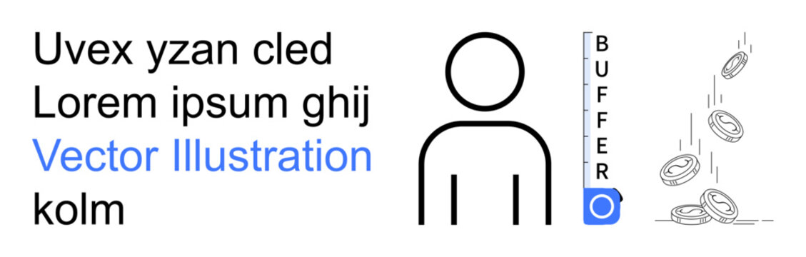 Financial growth, buffering, minimalism, placeholders, money management, investment planning. Icon of a person, coins and text elements. Financial growth and buffering concept