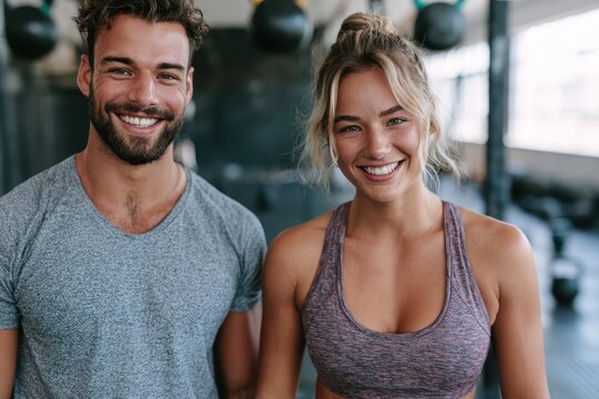 A happy, fit couple smiling at the camera in a modern gym, ready for a workout session together.