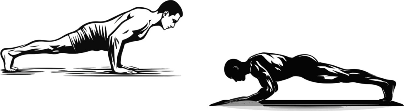 A muscular man performs a push-up on a gym mat in a minimalist black-and-white vector art style, set against a clean white background with high contrast