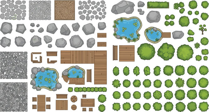 Top down view landscape design elements set with trees bushes ponds rocks and wooden decks for garden planning vector