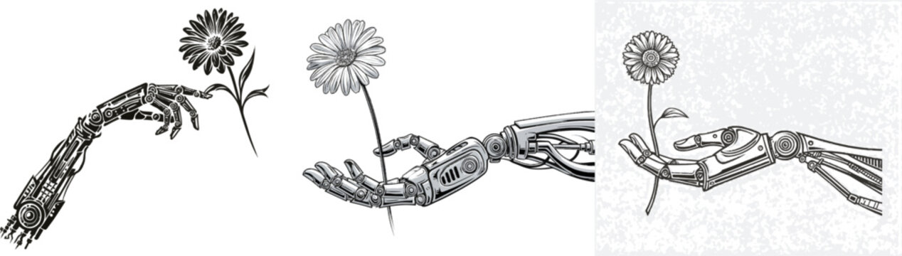 A minimalist, flat 2D black-and-white vector art of a humanoid robot arm delicately holding a single flower against a clean white background
