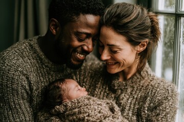 Obraz premium A loving diverse family shares a tender moment holding their newborn baby, embracing with joy and warmth.
