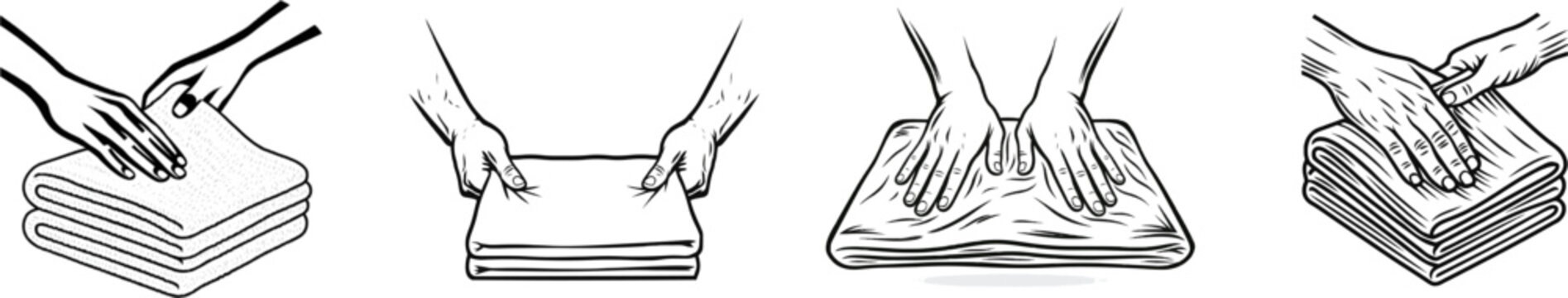 Two hands fold fresh clean towels neatly in a minimalist black-and-white vector art illustration