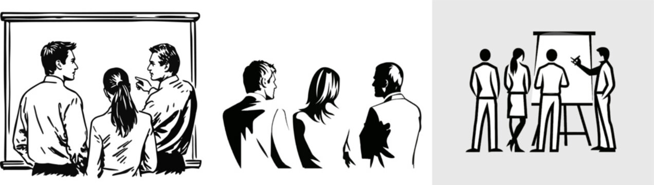 Three professionals engage in a brainstorming session at a large whiteboard, their focused expressions and gestures highlighting the collaborative nature of their discussion
