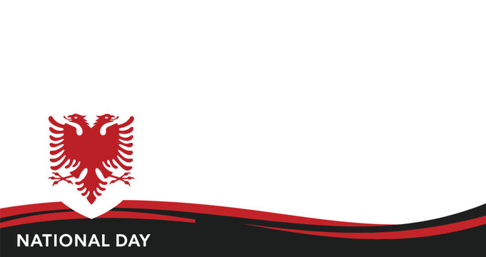 Red double-headed eagle emblem on white with red and black waves. Graphic representing national pride and heritage, suitable for patriotic celebration