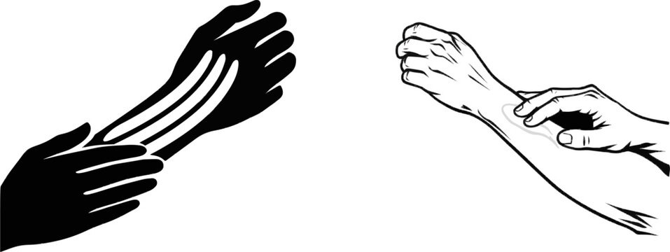 A minimalist vector illustration depicts a hand applying sunscreen lotion to an arm in a flat, black-and-white style with bold solid silhouettes against a clean white background
