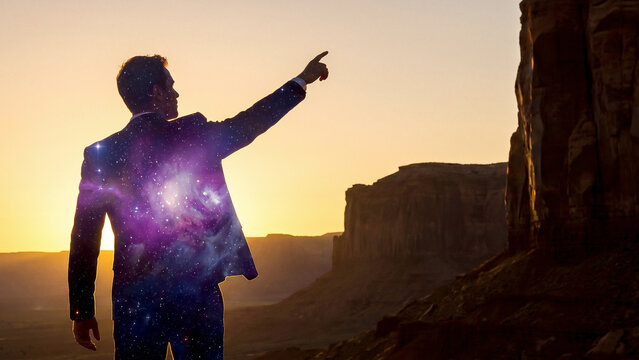 Businessman silhouette with cosmos galaxy pattern pointing at desert canyon sunset showing aspiration vision unlimited potential perfect for advertising recruitment branding