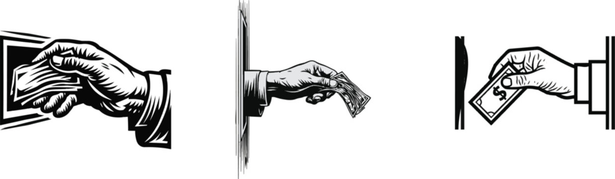 A hand receives cash through a bank tellers window in this minimalist black-and-white vector art depiction