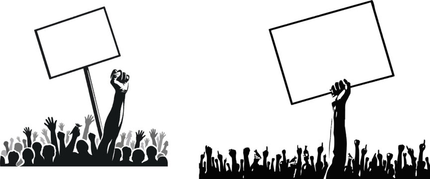 A single hand holds a blank protest sign above a crowd silhouette in bold black-and-white vector art, set against a clean white background with high contrast and minimal geometric shapes