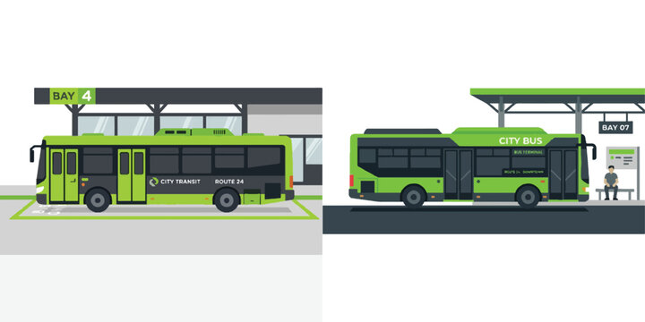 Simple flat design of a bus terminal entrance with glass doors and a small "Terminal" sign, minimalist architecture, bright colors, no outline, plain white background.