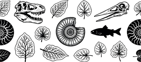 Hand-Drawn Prehistoric and Botanical Vector Pattern Featuring Dinosaur Skulls, Ammonite, Fish Fossils, Pterosaur, and Leaves for Natural History and Decorative Designs © MDEsmayil