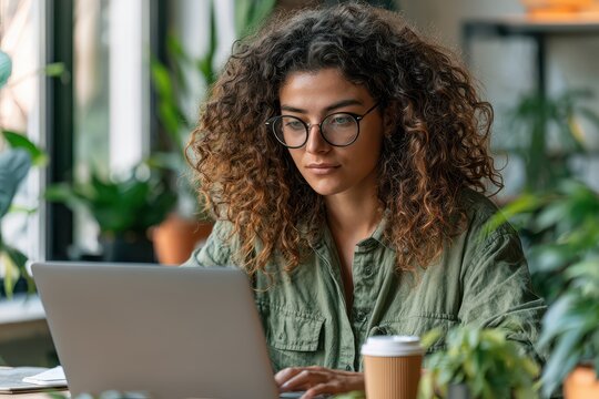 Focused young woman with curly hair wearing glasses working on a laptop surrounded by plants