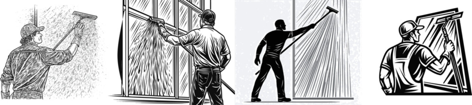 A man in a cap uses a squeegee to clean an office window against a stark white backdrop, depicted in bold black-and-white vector art with minimalist geometric shapes