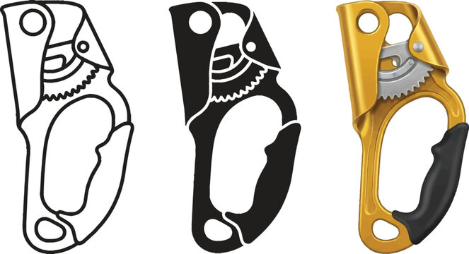 Set of climbing ascender devices featuring outline silhouette and realistic vector illustrations essential gear for mountaineering and rope 