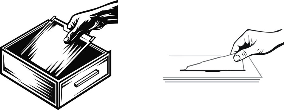 A hand delicately inserts a hanging file folder into an open metal cabinet drawer in a minimalist, high-contrast black-and-white illustration