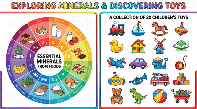 Colorful Vitamins Vector Infographic Set Featuring Vitamins A, B1, B2, B3, B5, B6, B9, B12, C, D, E, K with Foods for Health and Nutrition Designs