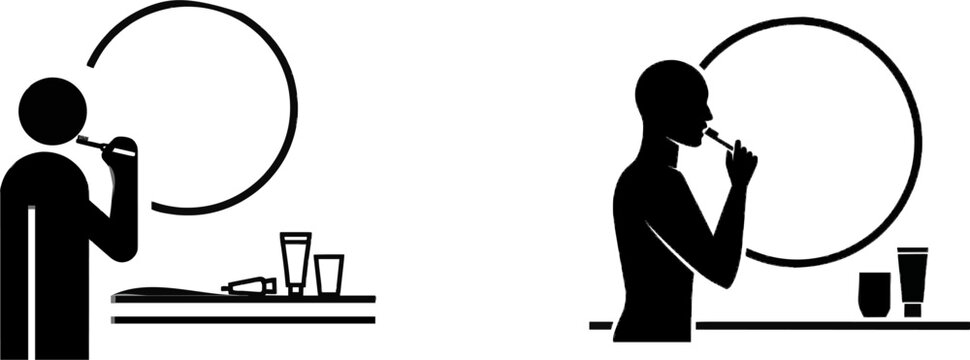 A minimalist black-and-white illustration shows a person brushing their teeth in front of a circular mirror with toothpaste tube and cup on the sink