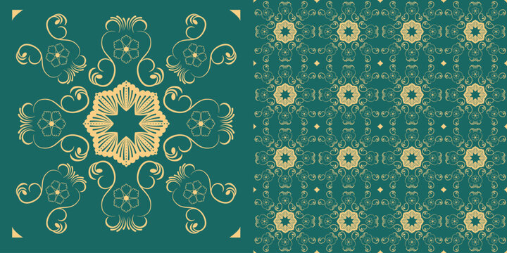 Elegant Gold Teal Floral Mandala Seamless Pattern Vector For Textil...