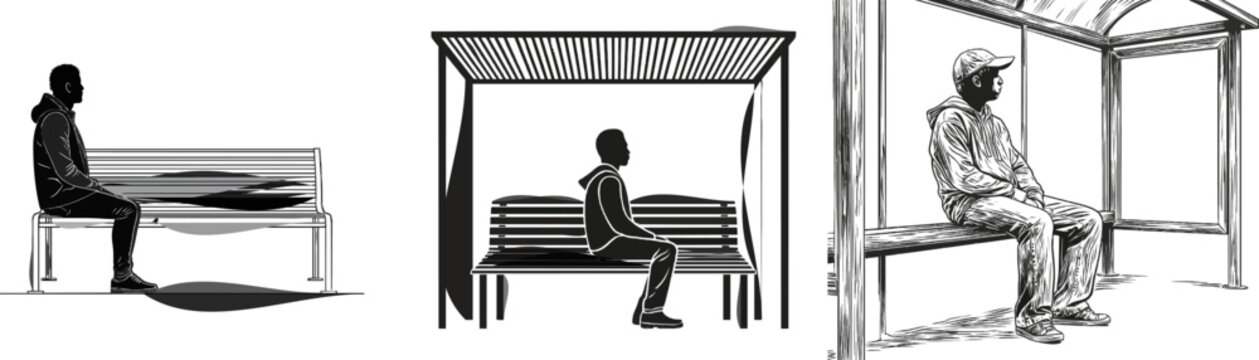 A solitary figure sits patiently on a bench in an urban setting, embodying the quiet anticipation of city life
