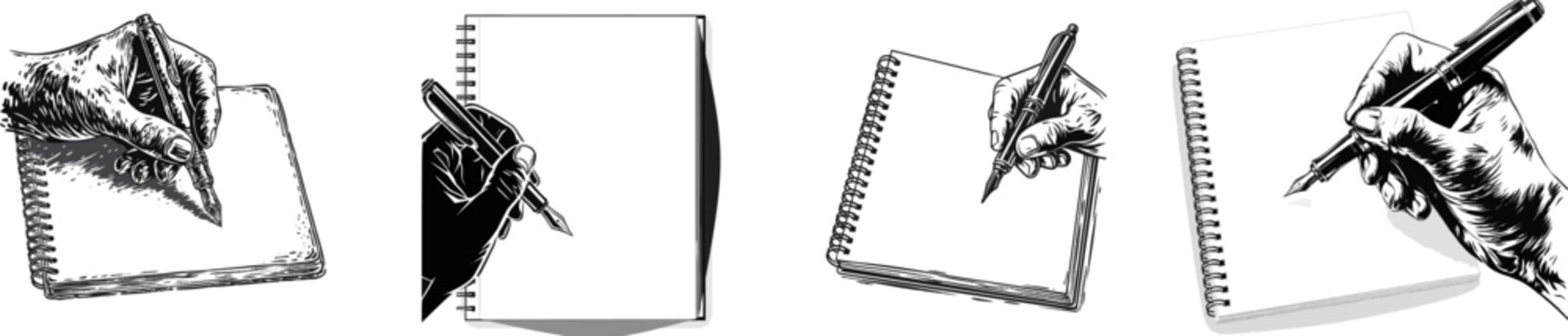 A minimalist hand holding a fountain pen poised over an uncluttered notebook against a clean white background