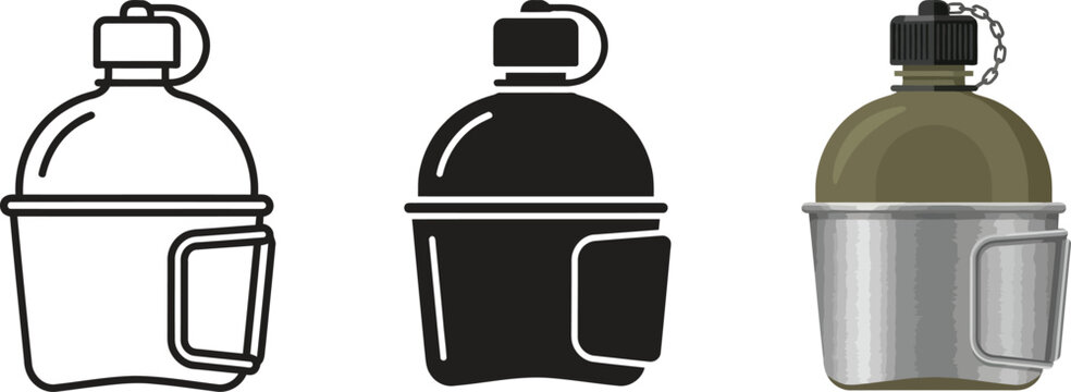 Versatile military canteen with drinking cup presented in outline silhouette and realistic vector styles ideal for outdoor adventure and sur