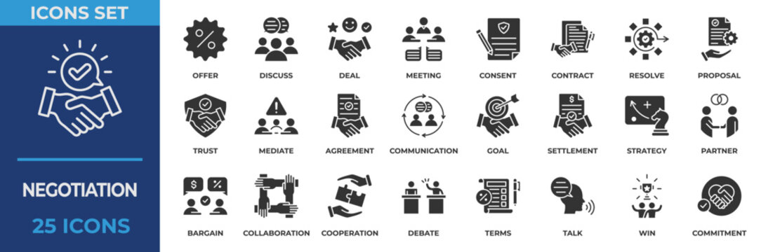Negotiation Icon Set Collection. With icon business, contract, meeting, proposal, trust, goal, strategy, collaboration, agreement, debate, talk, discuss, deal. Solid Black Vector Illustration.