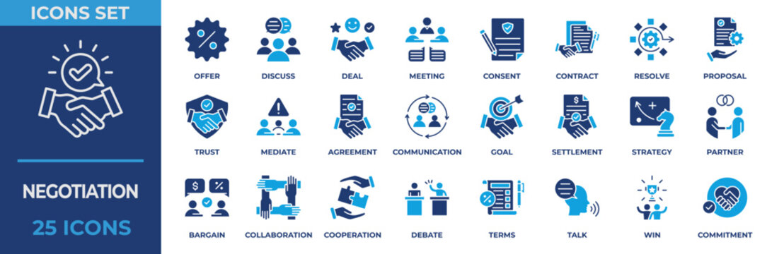 Negotiation Icon Set Collection. With icon business, contract, meeting, proposal, trust, goal, strategy, collaboration, agreement, debate, talk, discuss, deal. Flat Blue Vector Illustration.