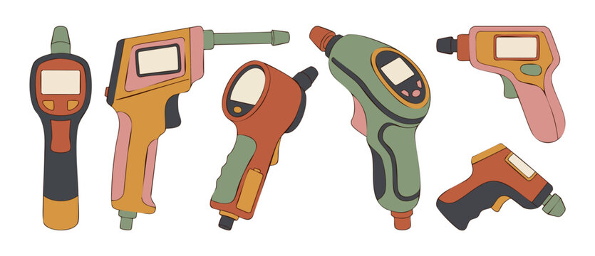 Infrared Thermometer Gun Set, Industrial Temperature Measurement Tools, Digital Heat Sensors for HVAC, Construction, and Electrical Maintenance, Isolated Vector Illustration in Flat Retro Color Style