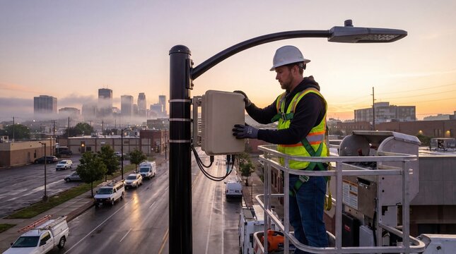 caucasian utility worker in hard hat installing 5g telecommunication equipment on street light pole from bucket truck. city skyline at sunrise background. website header, banner with copyspace.