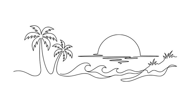 Beach panorama continuous single line vector with sunset palm and sea