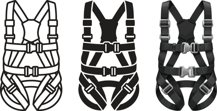 Set of safety harness illustrations featuring outline silhouette and realistic styles essential for industrial safety and fall protection co