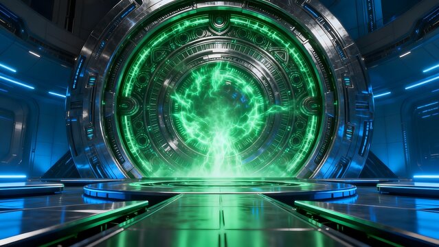 Futuristic scifi portal with glowing green energy