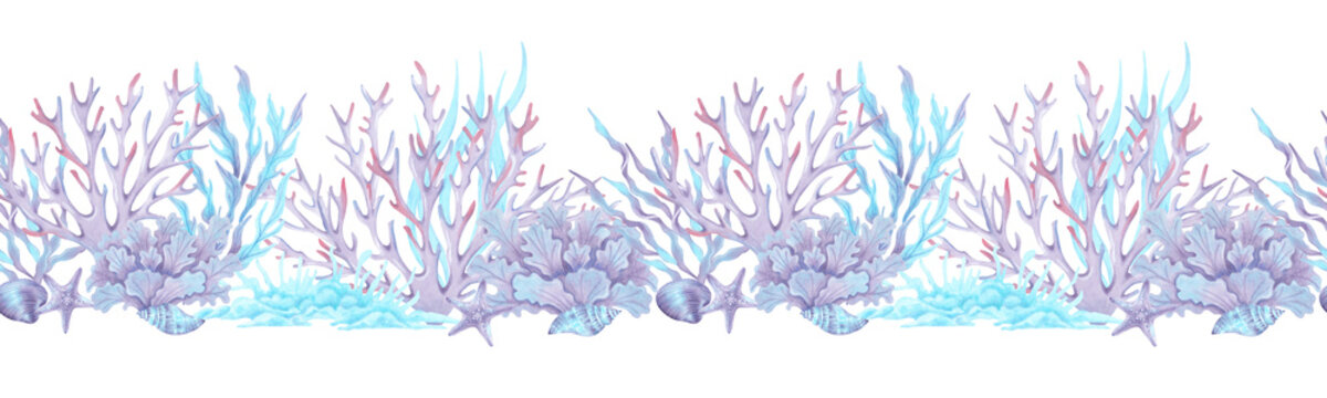 Seamless banner with underwater elements coral, seaweed, starfish and shell. Watercolor summer illustration. Hand drawn art. Horizontal border for childrens design, travel and packaging, tourism