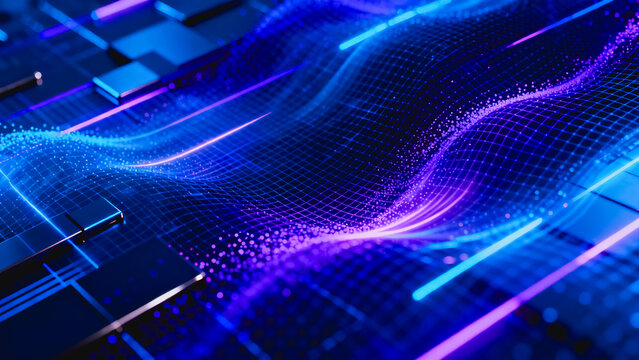 This 3D rendered graphic features glowing digital wave particles and circuit board elements, showcasing futuristic tech and data flow visuals.