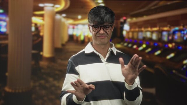Man in striped shirt and glasses holds hands palms out in a casino building as if saying stop or backing away; hesitation uncertainty.