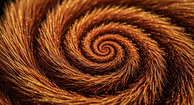 Hyperrealistic microscopic odyssey into a golden spiral of organic fibers abstract macro view of swirling copper bristles with elegant bokeh background