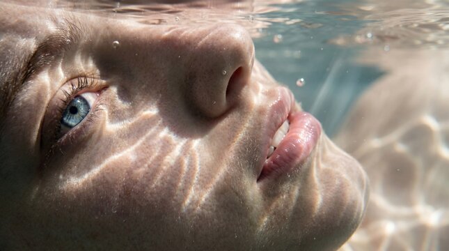 A close-up of a person&rsquo;s face underwater, capturing the left side with striking clarity. Light ripples dance across the skin, creating shimmering patterns, while tiny air bubbles float around.
