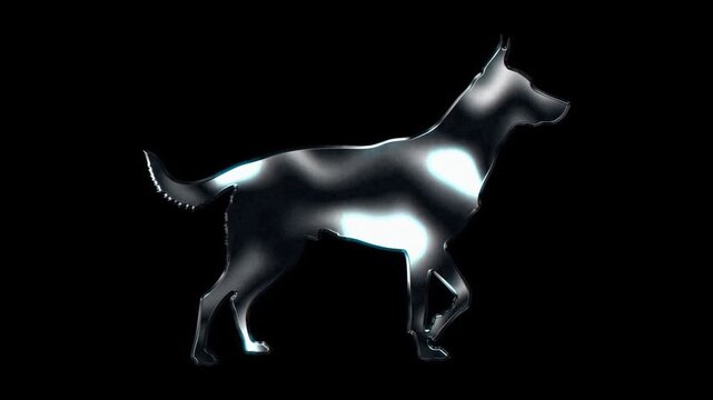 Silver metallic walking dog silhouette. Alpha channel. Seamless loop video