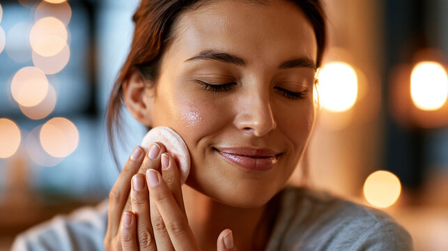 Close-up of a woma's hads using a soft cotton pad to gently sweep makeup remover across the cheek area, the cotton pad showing a faint colour trasfer, warm ambient bathroom light,