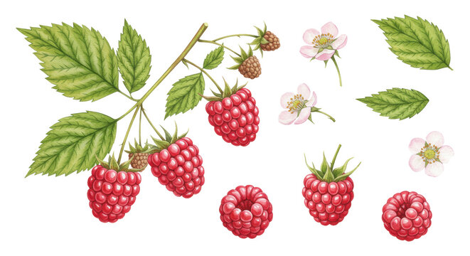 Watercolor raspberry set with branch, leaf, and flower on transparent background. Garden berry illustration for scrapbooking, menu design, kitchen decor, book, card, poster, textile, sticker, packing.