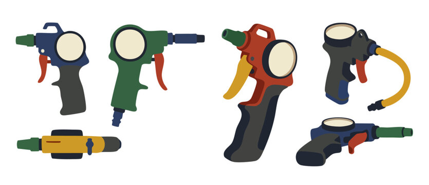 Air Blow Gun Set, Industrial Pneumatic Dust Cleaner Tool Collection, Handheld Compressed Air Duster Nozzle Sprayer for Workshop Maintenance, Mechanic Equipment Illustration Isolated on White Backgroun