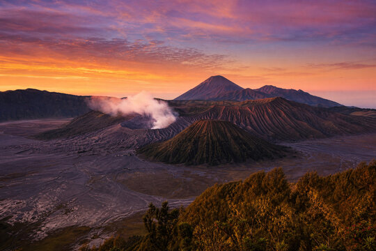 Mount Bromo Volcano at Sunrise, Dramatic Landscape in East Java Indonesia