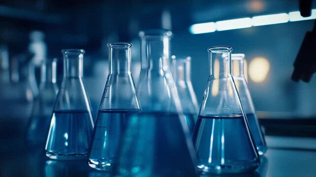 Laboratory beakers filled with glowing blue solution on a countertop, reflecting overhead lights and evoking modern scientific research, medical innovation, and chemical testing